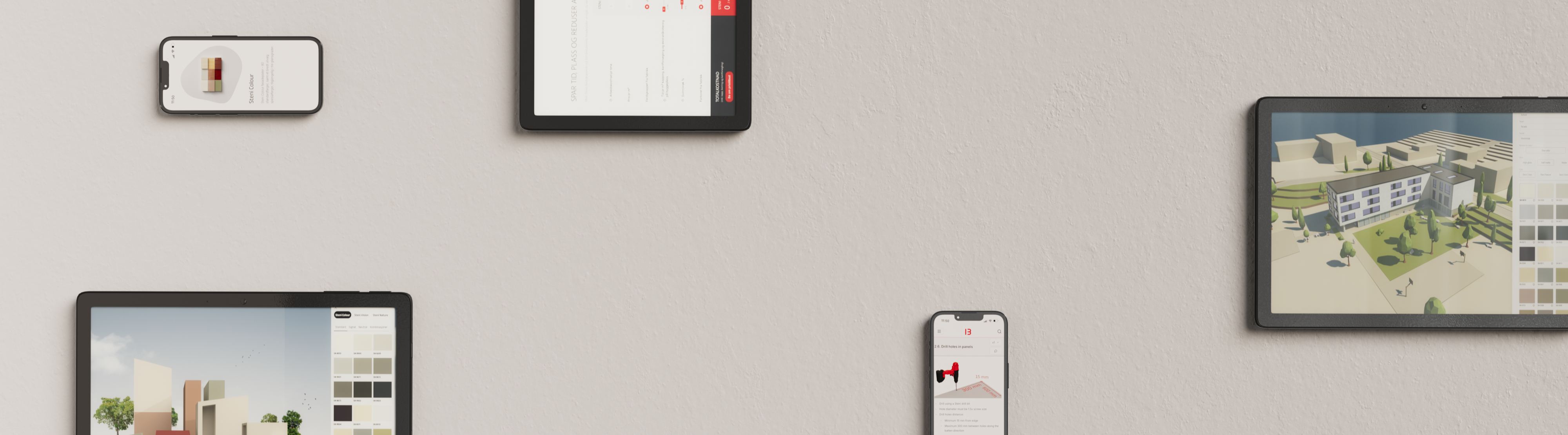 Digital devices displaying architectural renderings, product visuals, and data charts.
