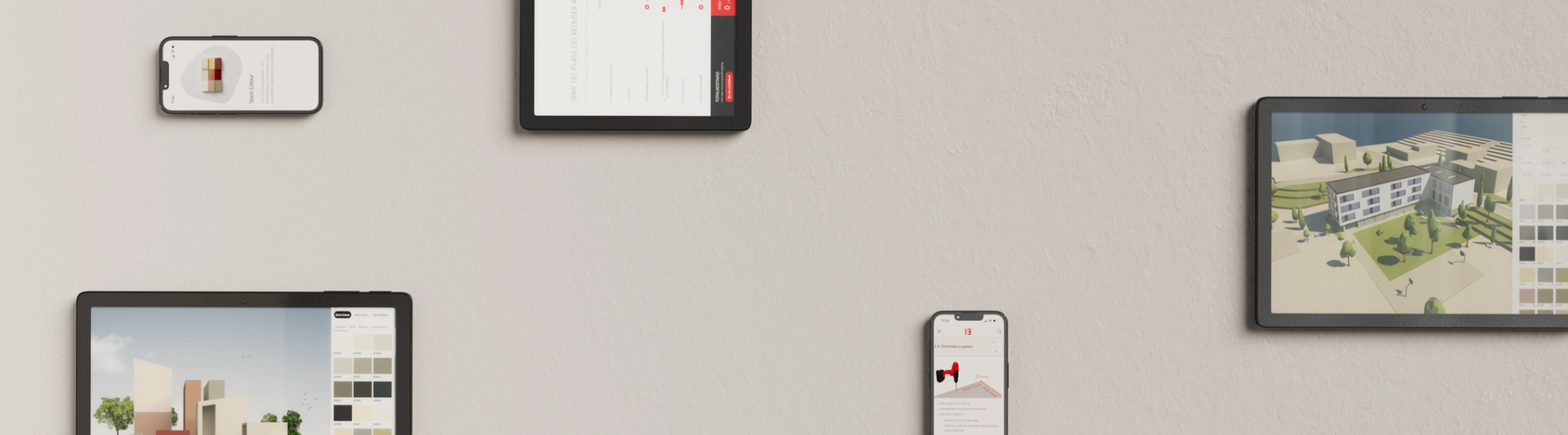 Digital devices displaying architectural renderings, product visuals, and data charts.