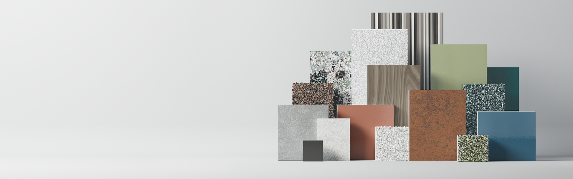 Assortment of architectural material samples, including wood, stone, and solid colors, stacked in an ascending display.