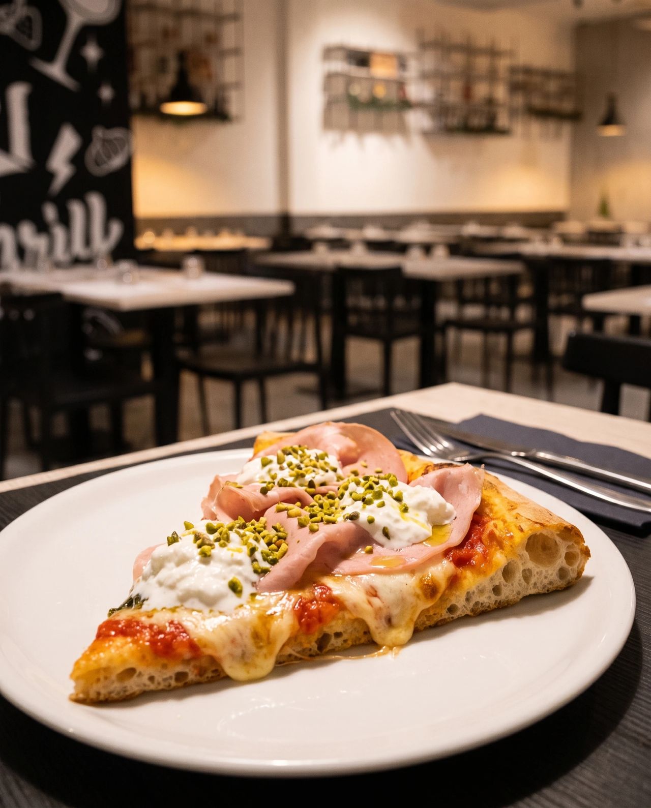 Mortadella, burrata e granella di pistacchio