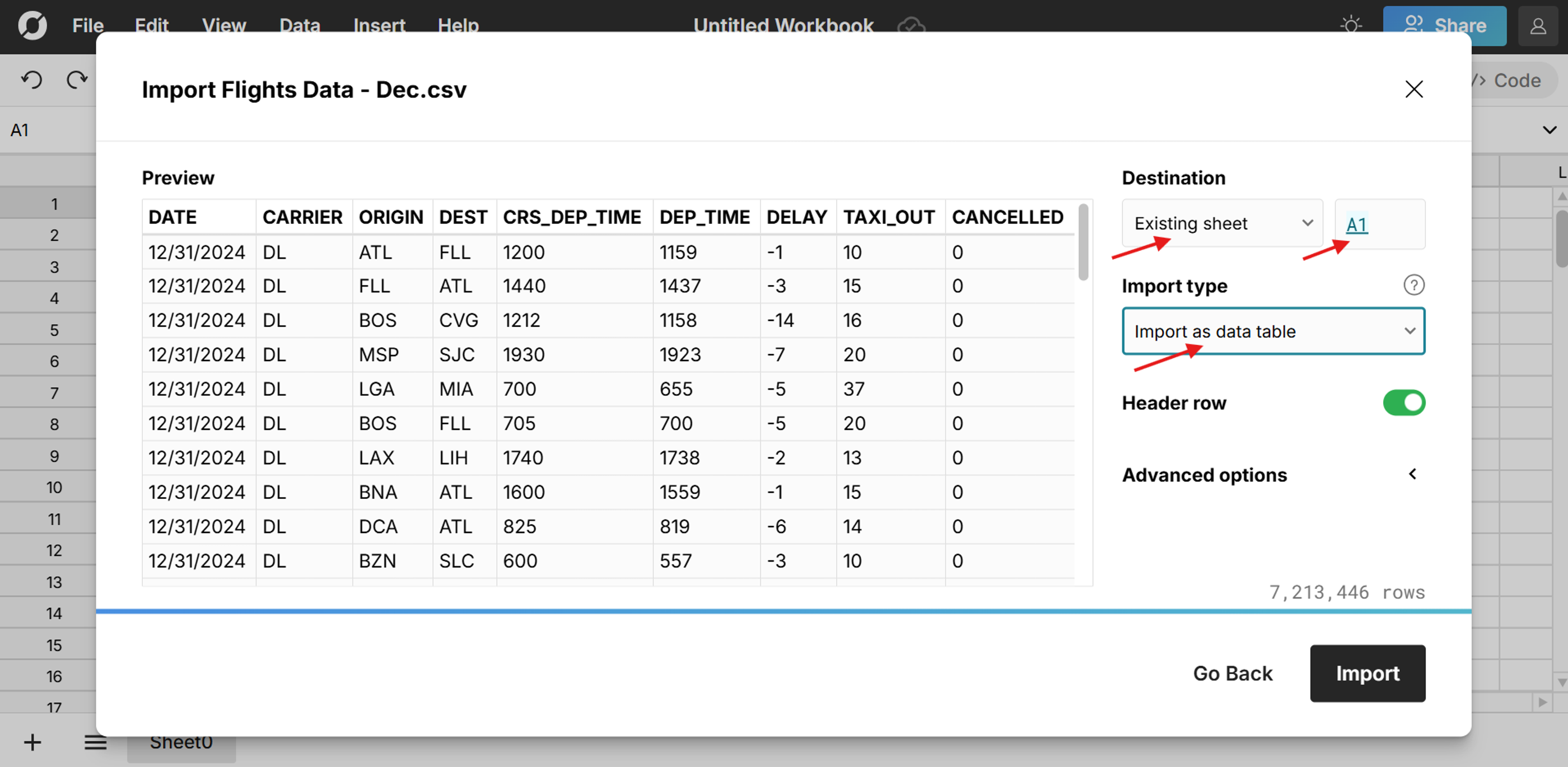import csv to specific cell to update spreadsheet