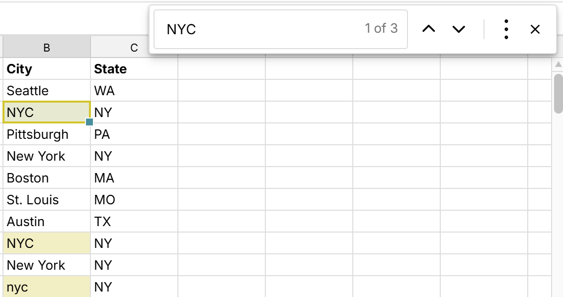find values in a spreadsheet with ctrl+f
