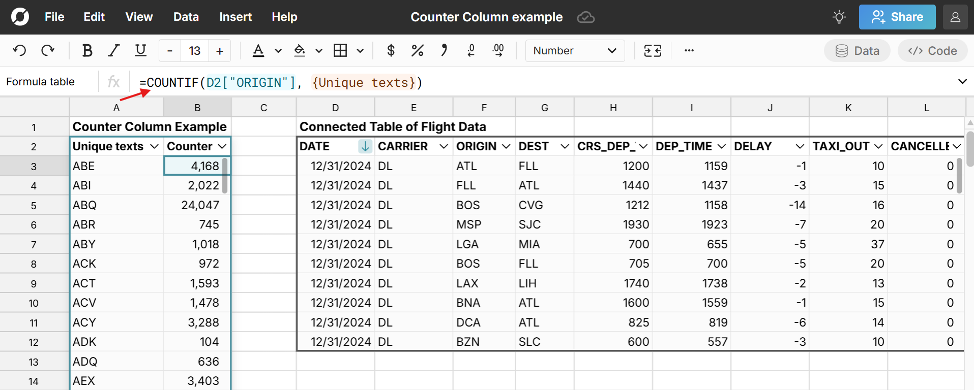dynamic column with COUNTIF