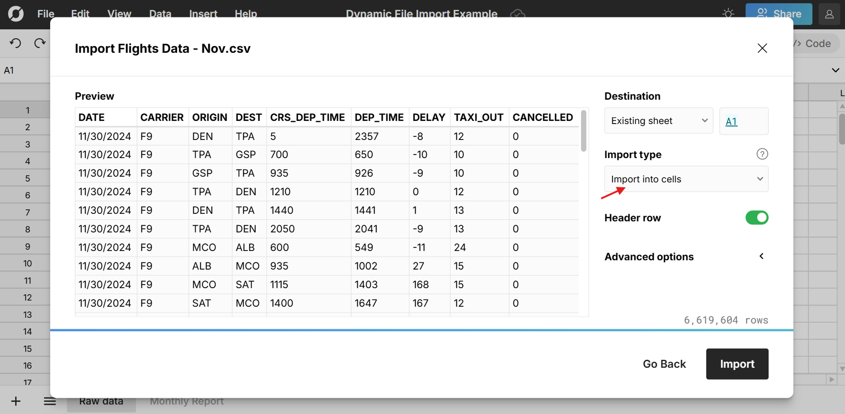import csv to cells in spreadsheet
