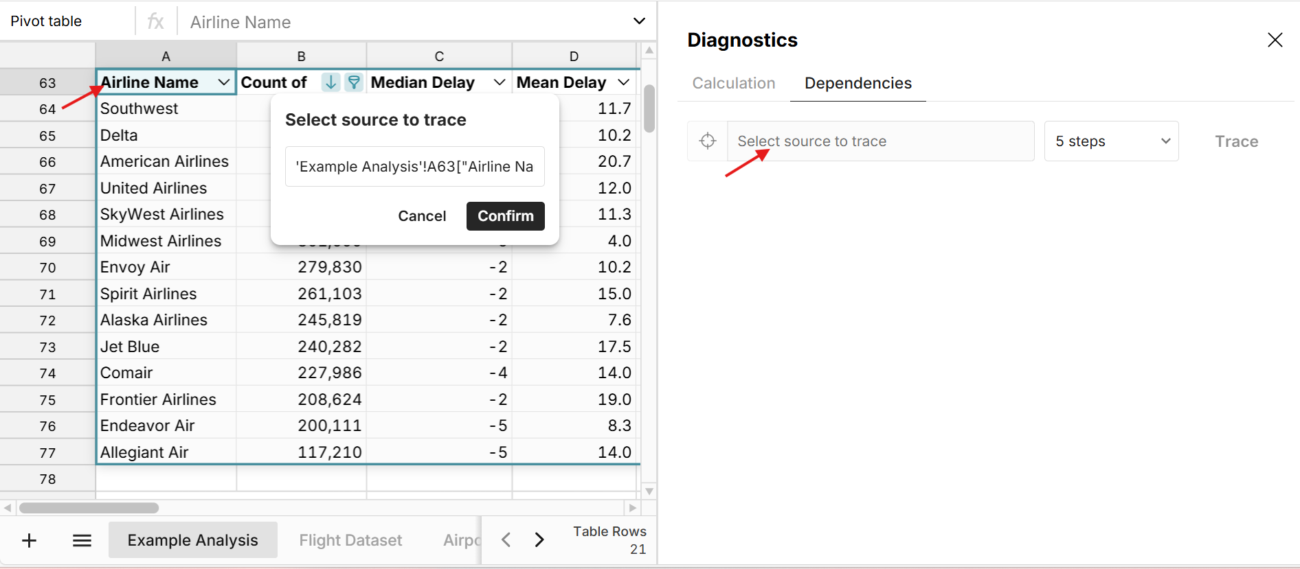 select source to trace in spreadsheet