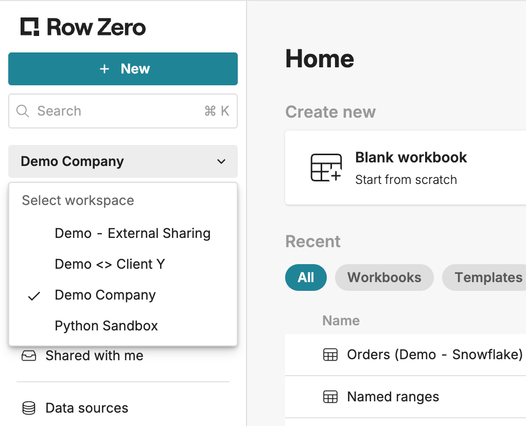 Enterprise customers can belong to multiple workspaces and switch between them using the workspace selector at the top of the page.