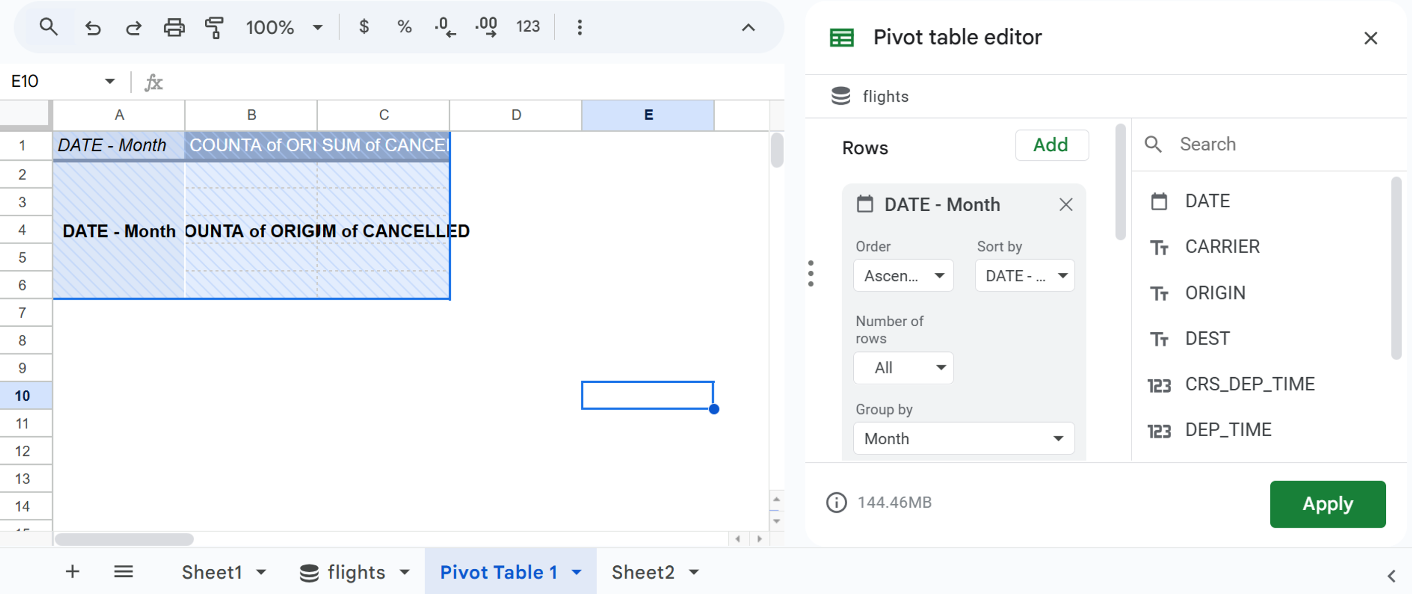 bigquery connected sheets pivot table example