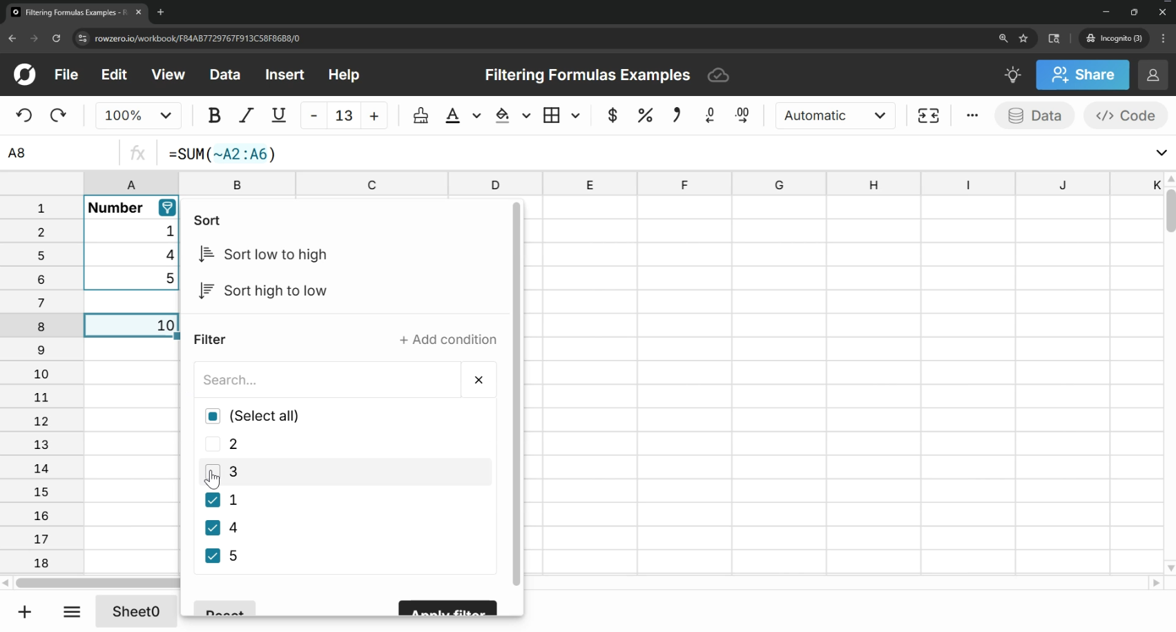 How to filter formulas in a spreadsheet