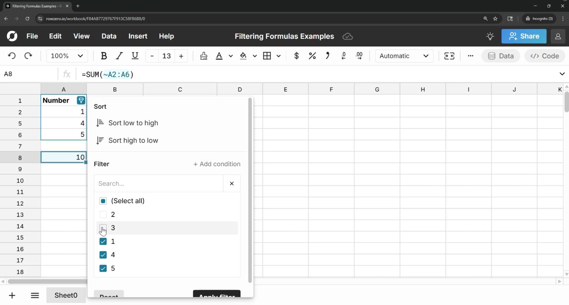 How to filter formulas in a spreadsheet