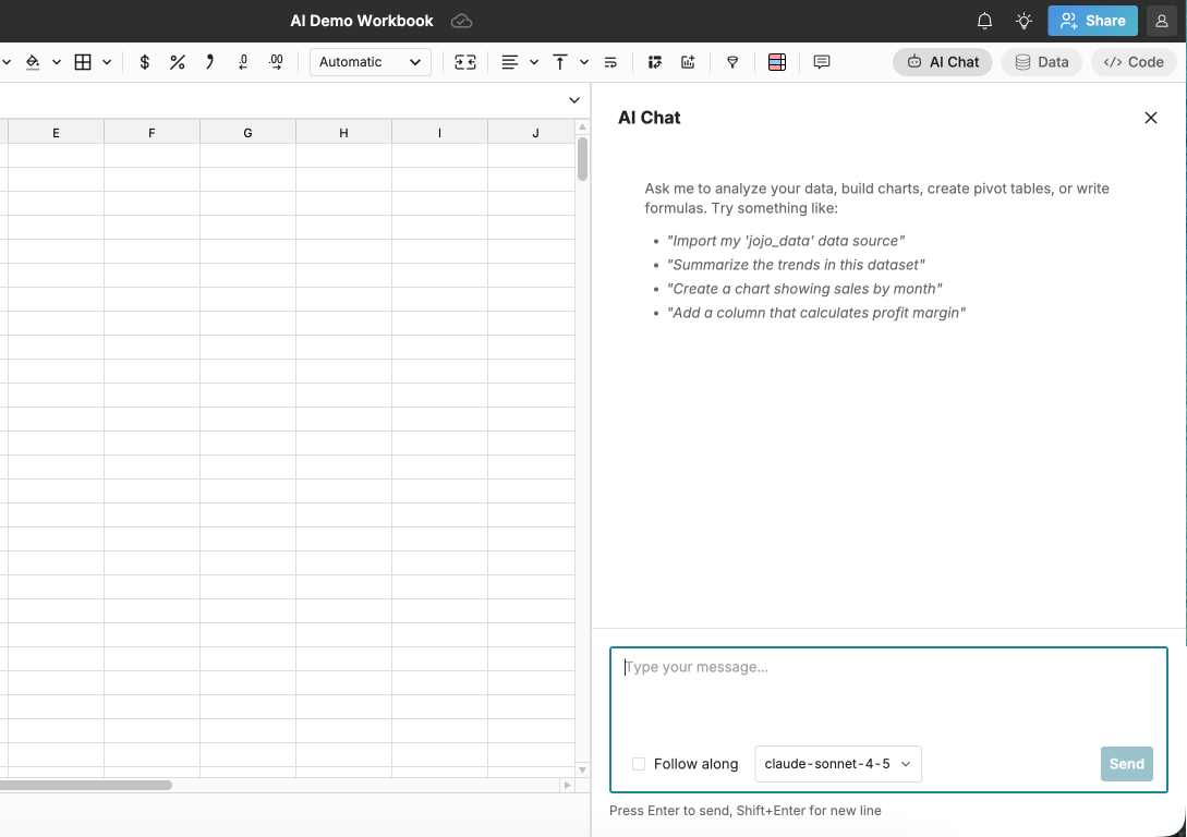 AI chat in a Row Zero workbook