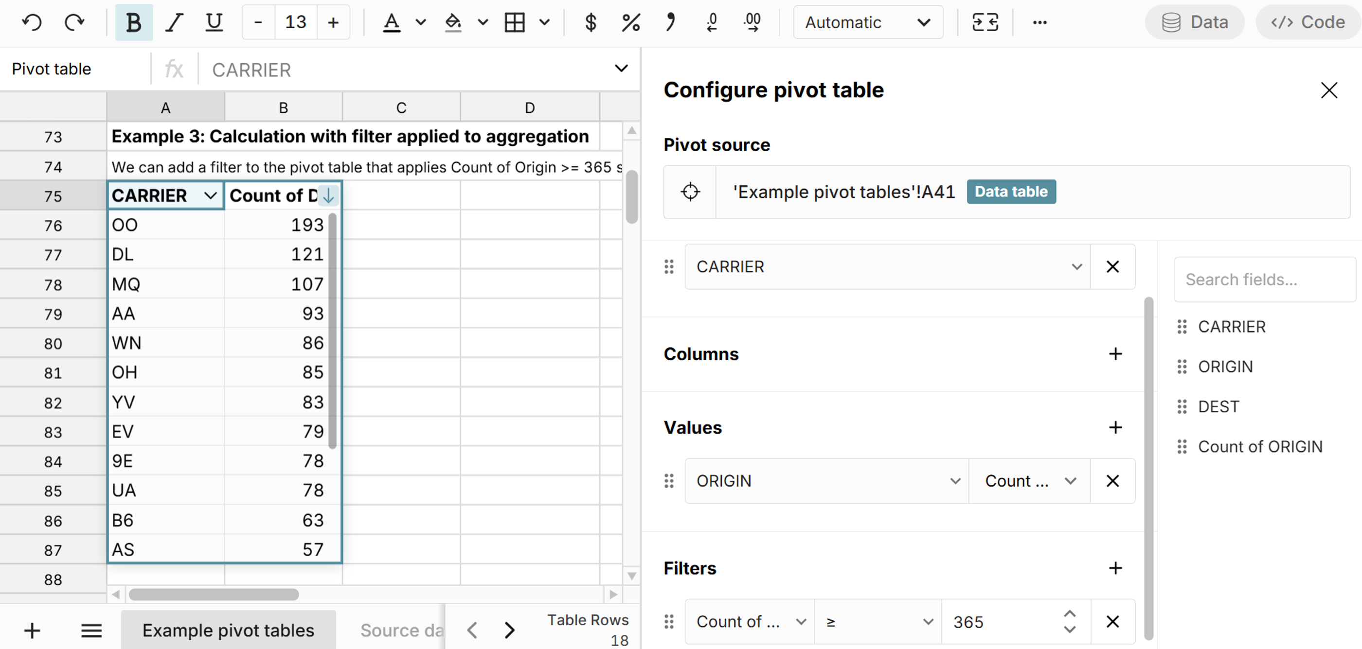 pivot calculation with filter