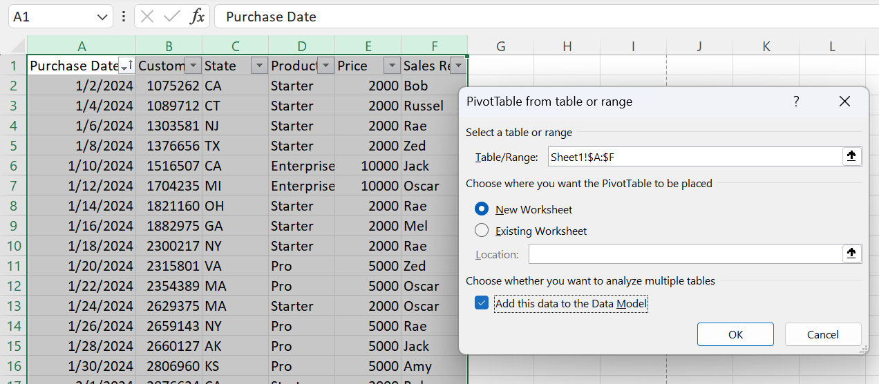 excel pivot table add this data to data model