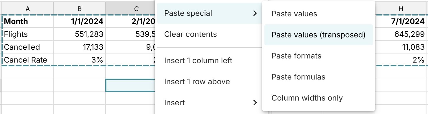 switch rows to columns with paste transpose