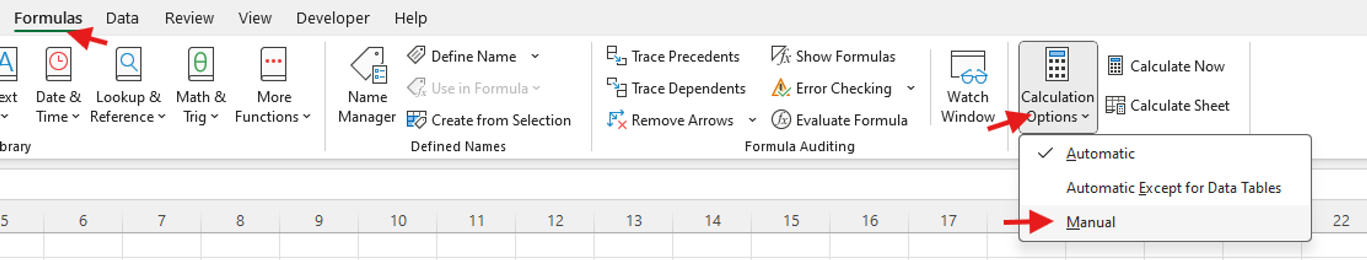 excel calculation options set to manual