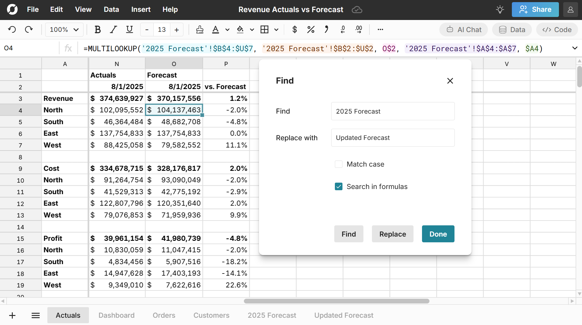 find and replace in formulas