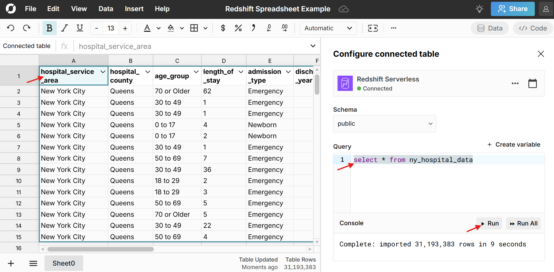 Redshift connected spreadsheet