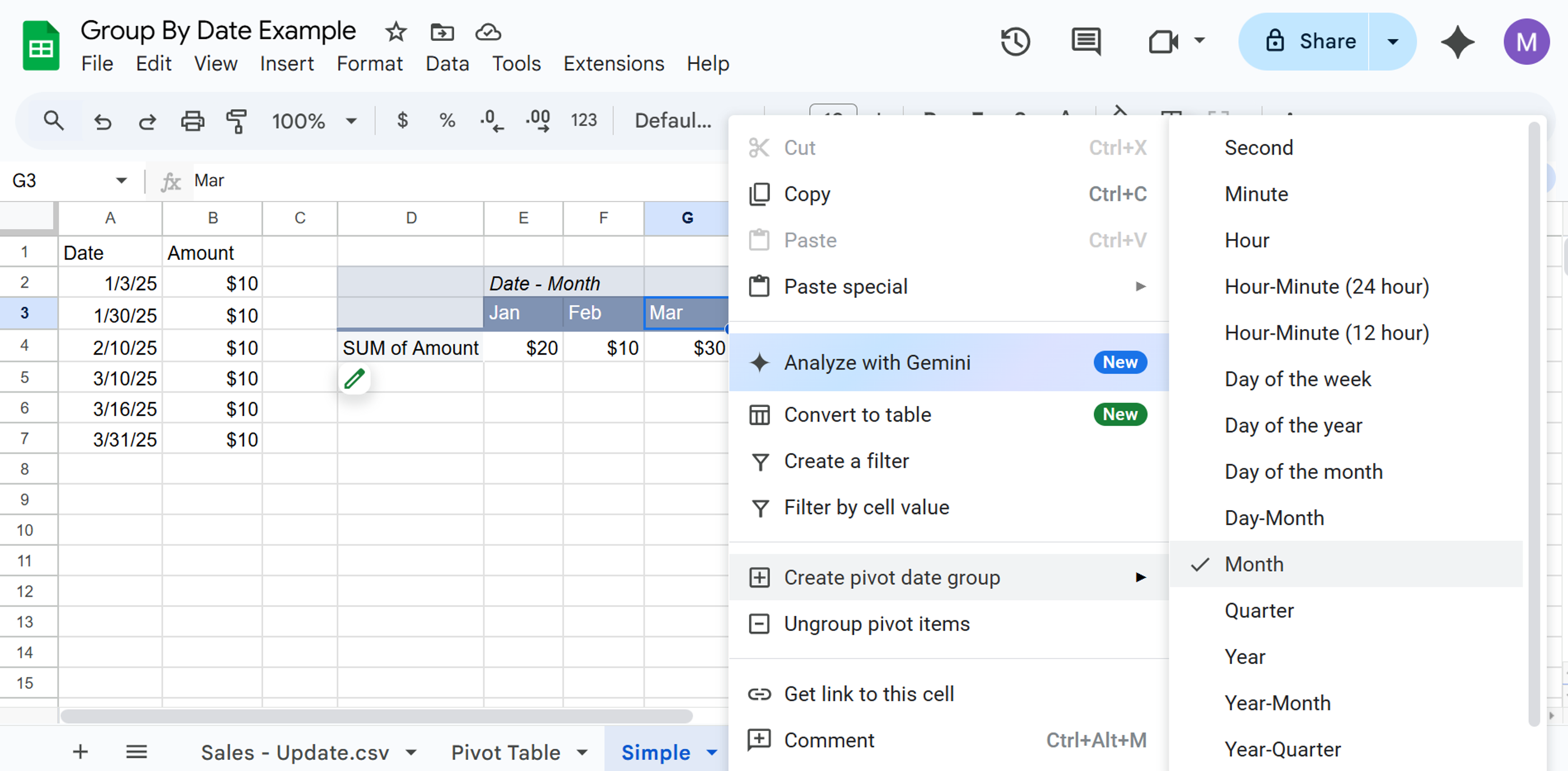 pivot table group columns by month in Google Sheets