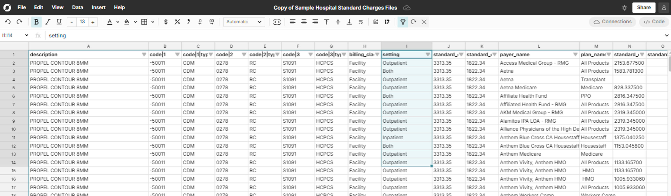 Standard charges Setting column