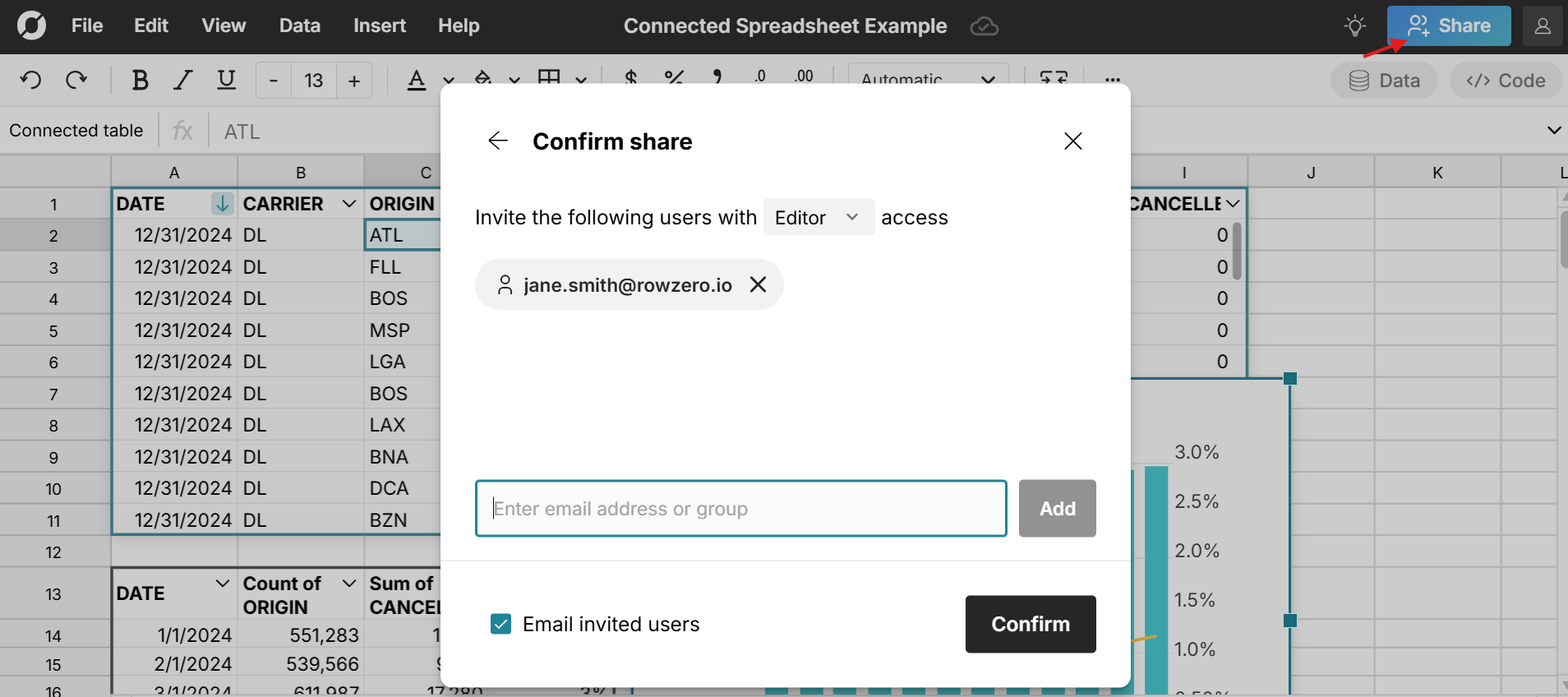 share connected spreadsheet