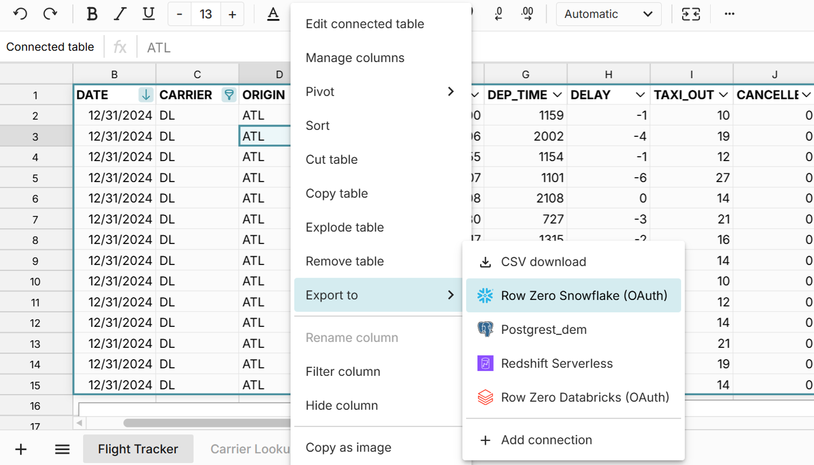 export spreadsheet data to data warehouse