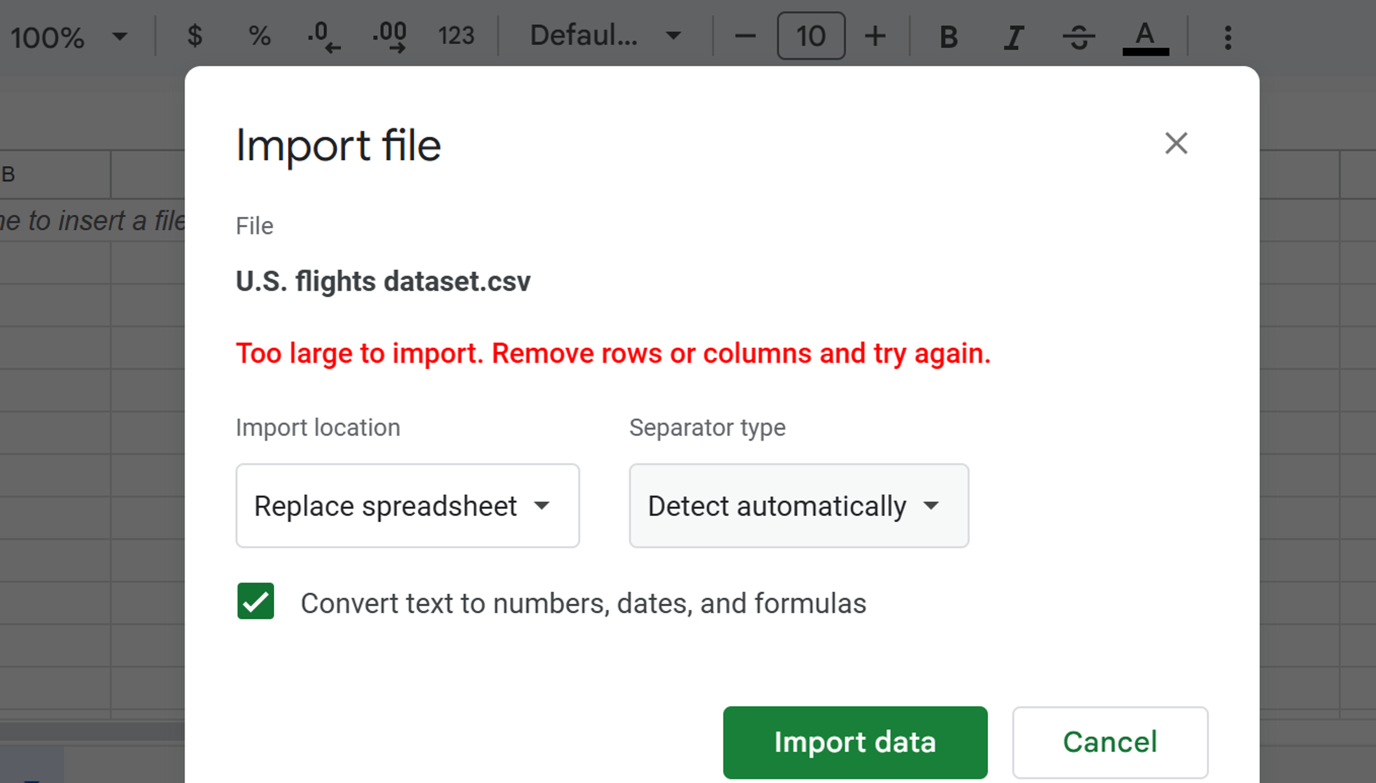 file too large to import Google Sheets