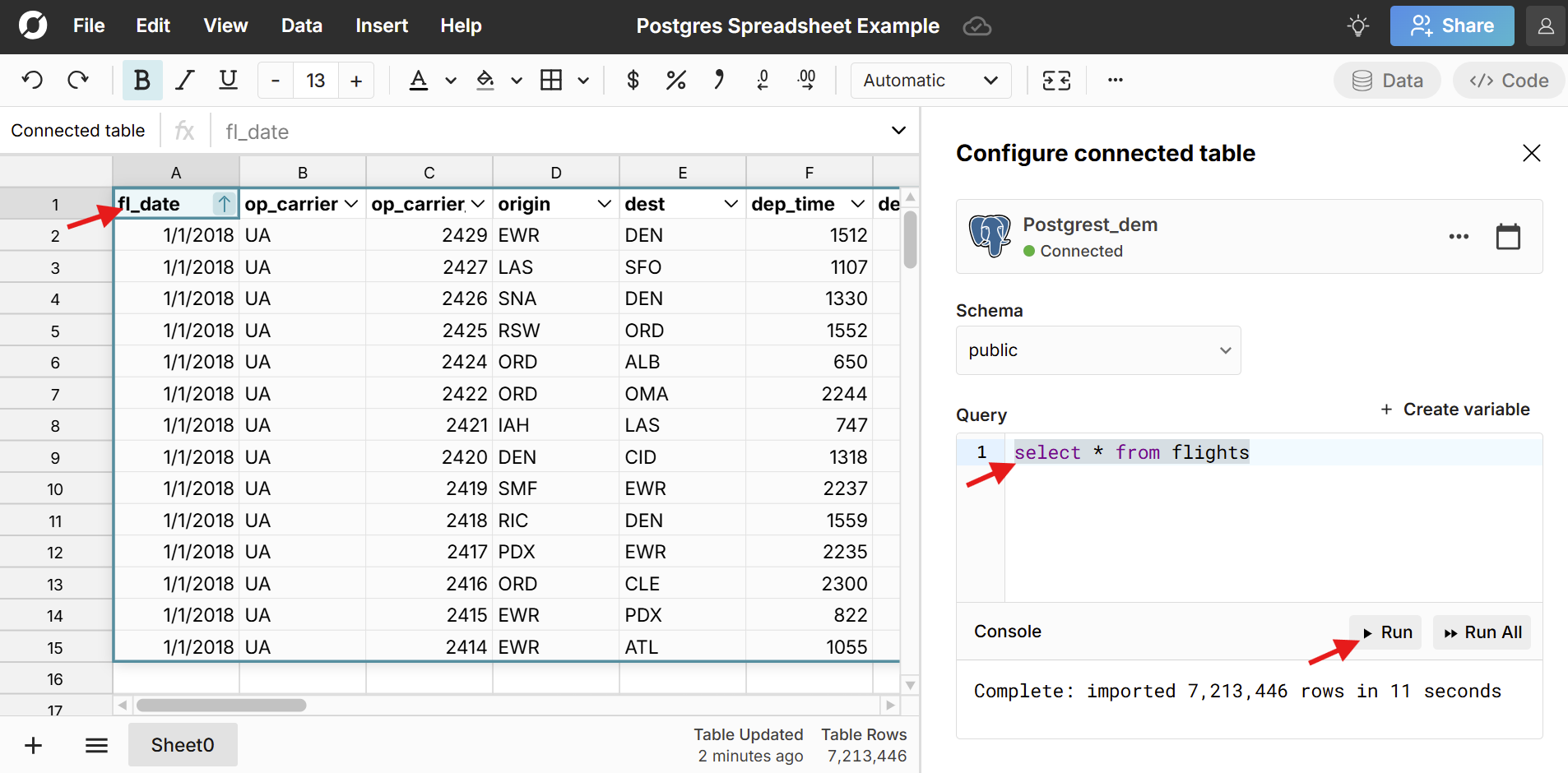 postgres connected spreadsheet