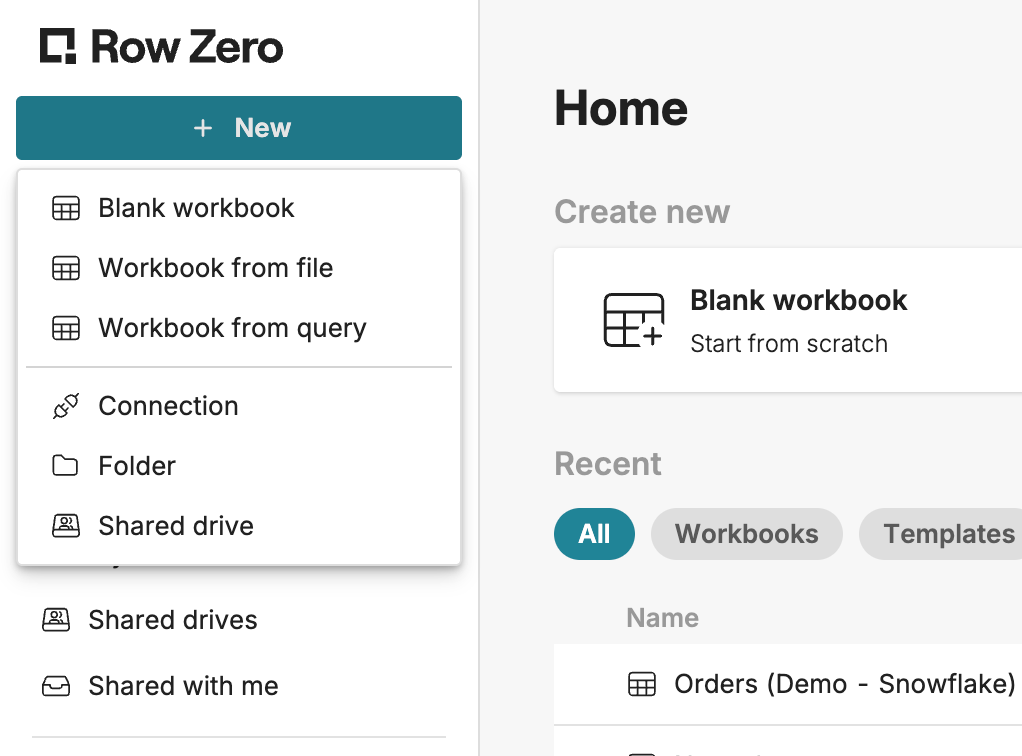 To add a new folder or drive, click New and then select the entity type
