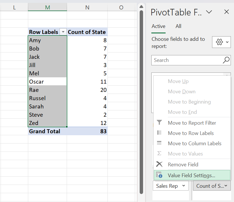 excel pivot table value field setting