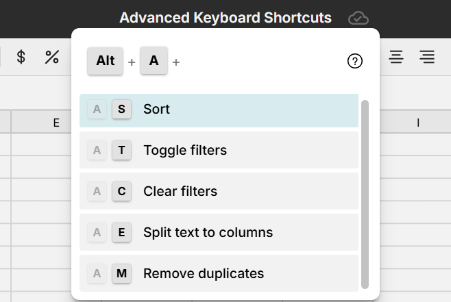 advanced keyboard shortcuts in spreadsheet