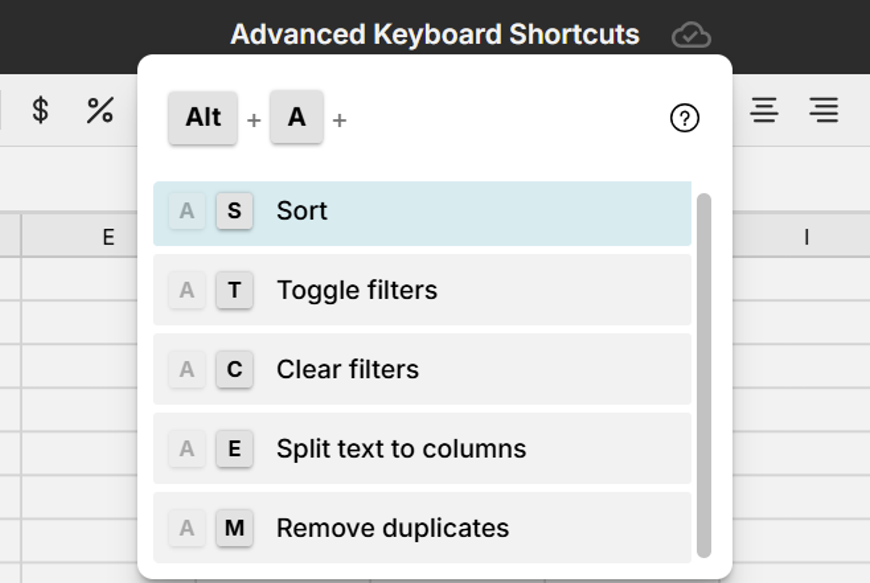 advanced keyboard shortcuts in spreadsheet
