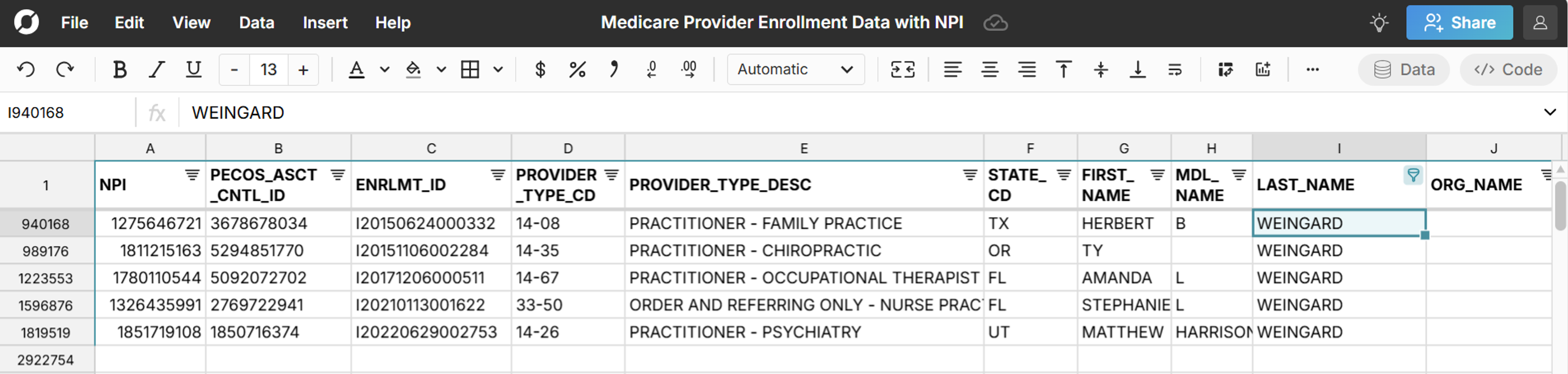 npi doctor lookup in a spreadsheet