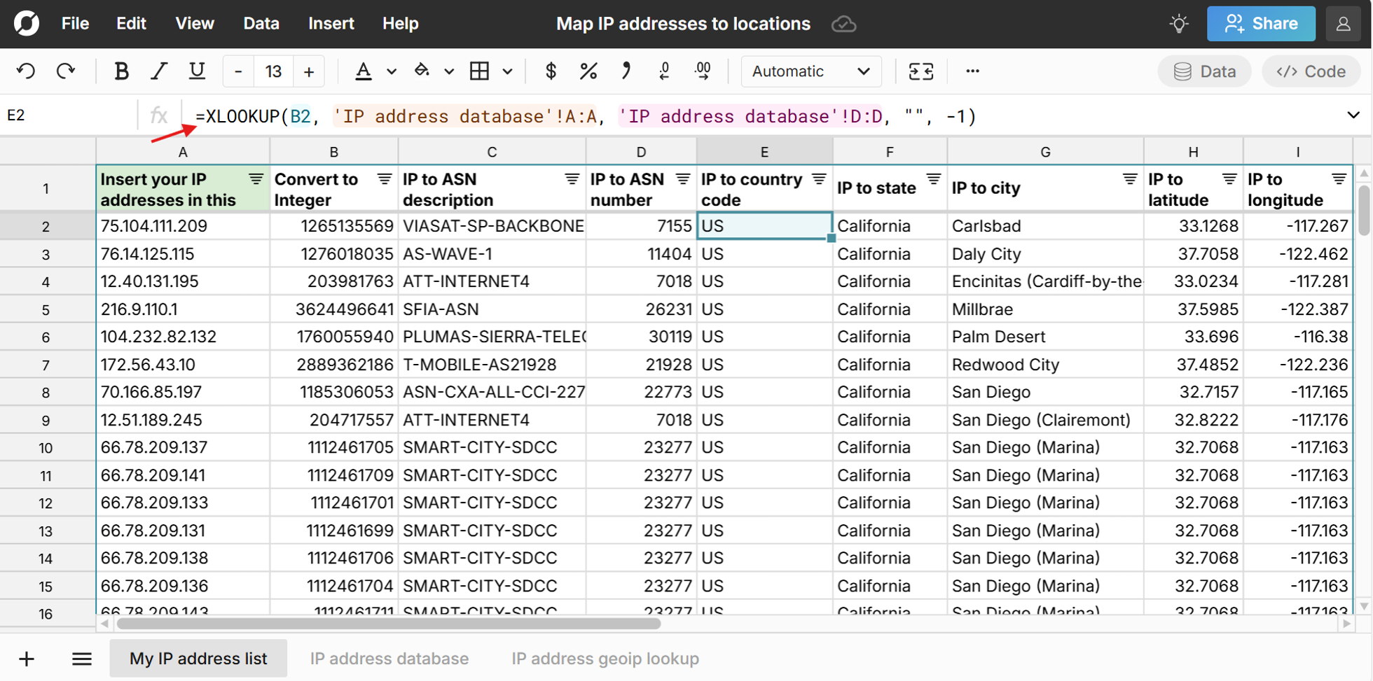 Lookup IP address locations for free in a big spreadsheet