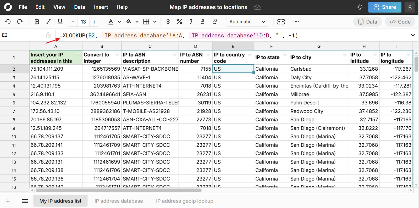Lookup IP address locations for free in a big spreadsheet
