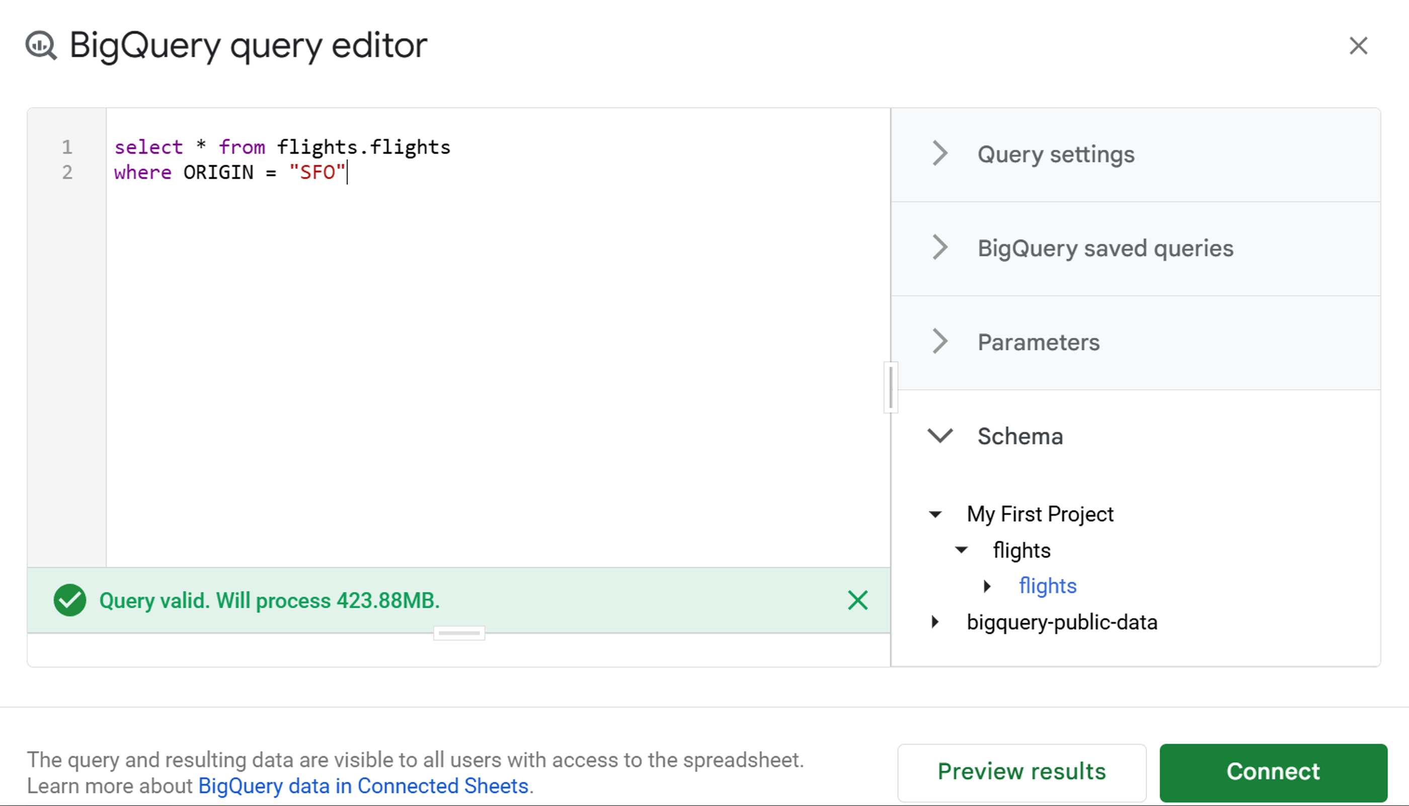 BigQuery query editor in google sheets