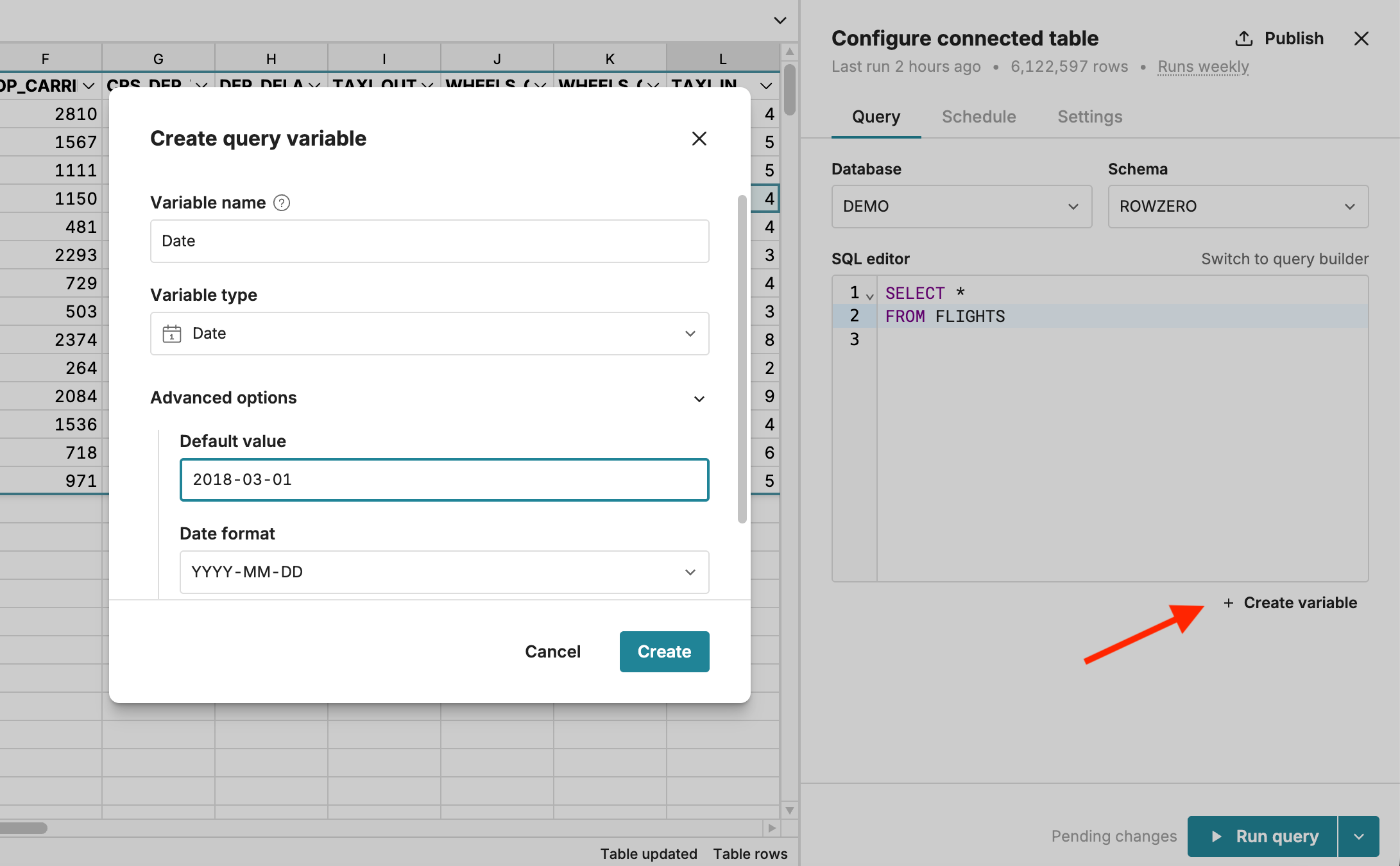 create query variable for data sources in spreadsheet