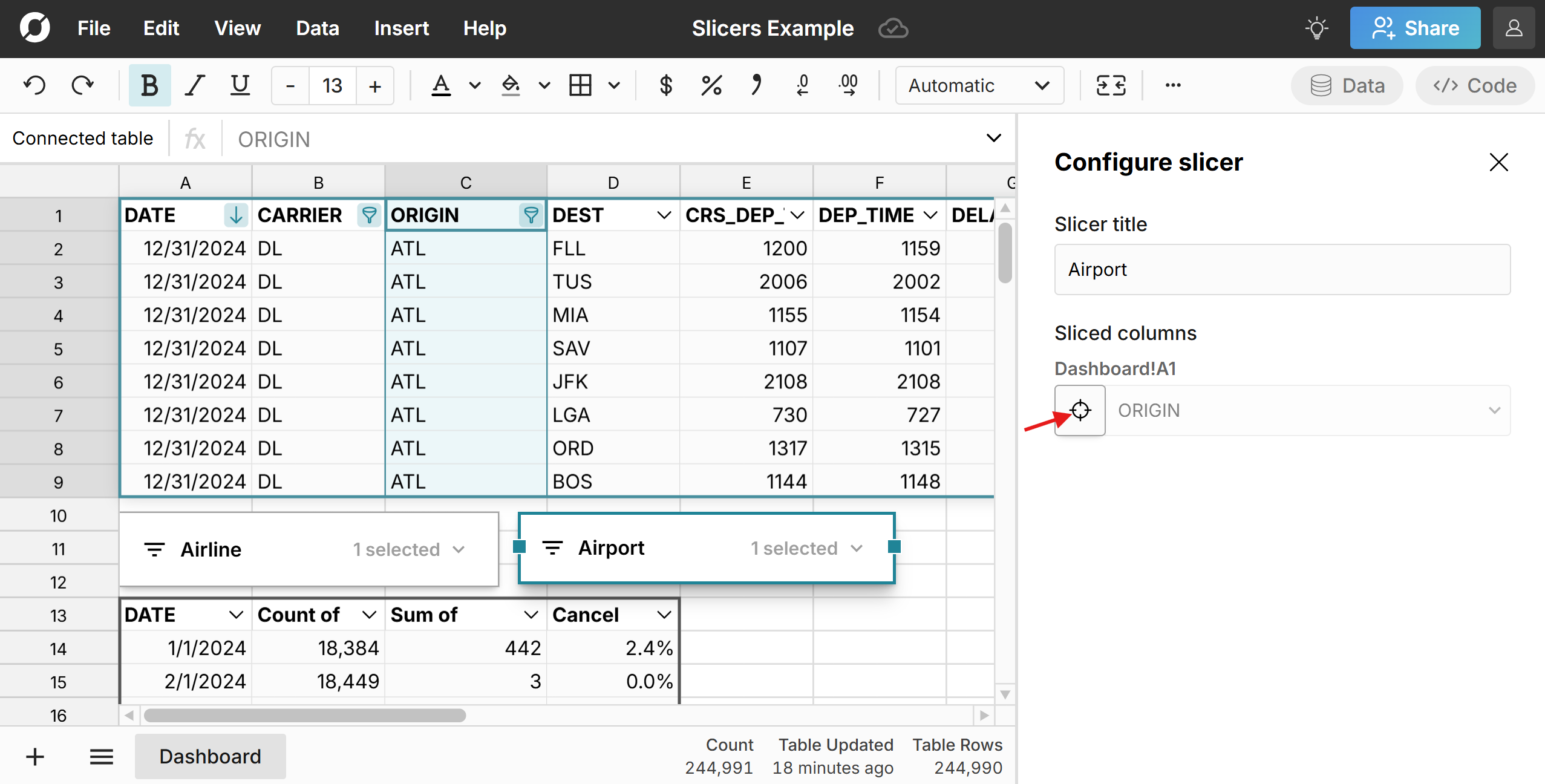 configure slicer in spreadsheet