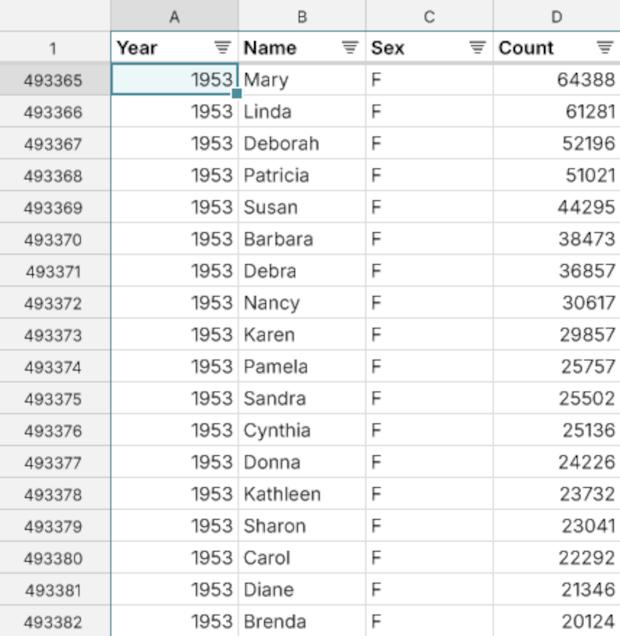 Screenshot showing a few rows of the baby names data, including the row 1953, Carol, F, 22292