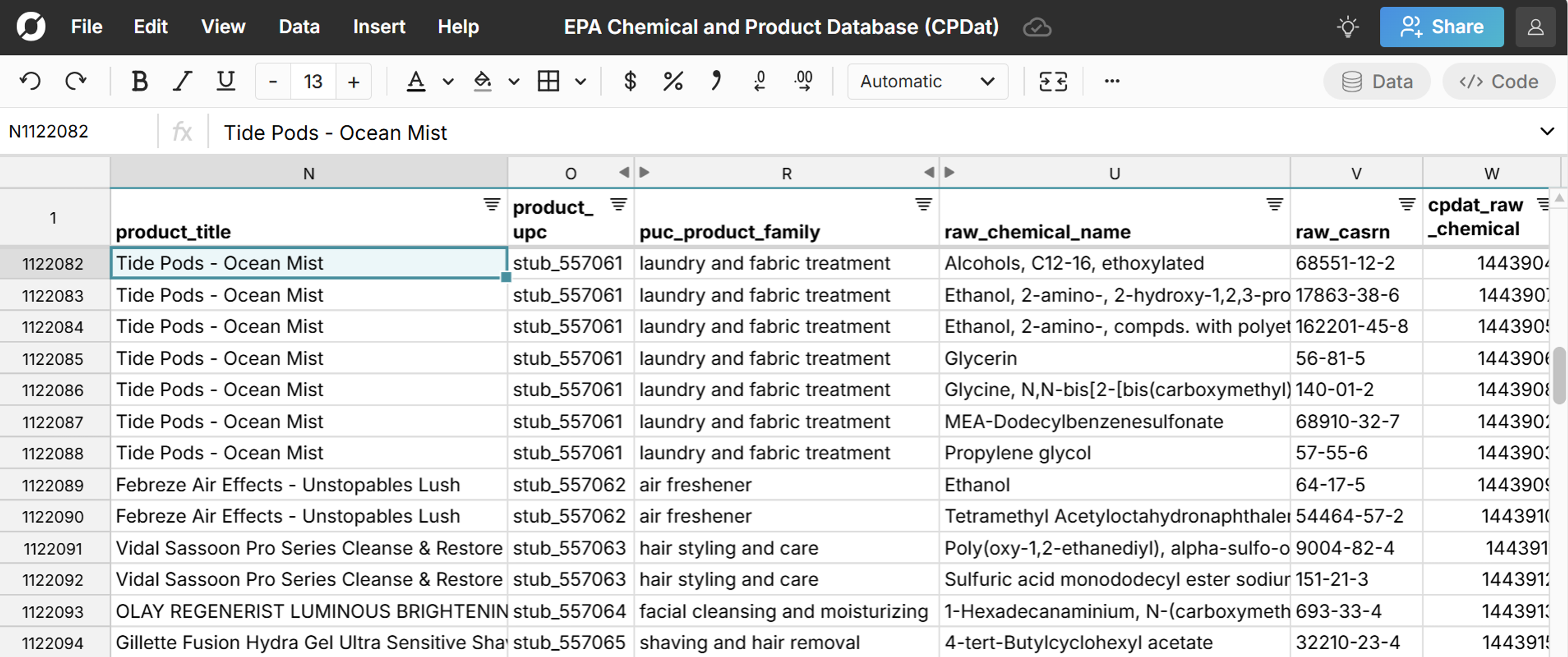 epa cpdat database in a spreadsheet