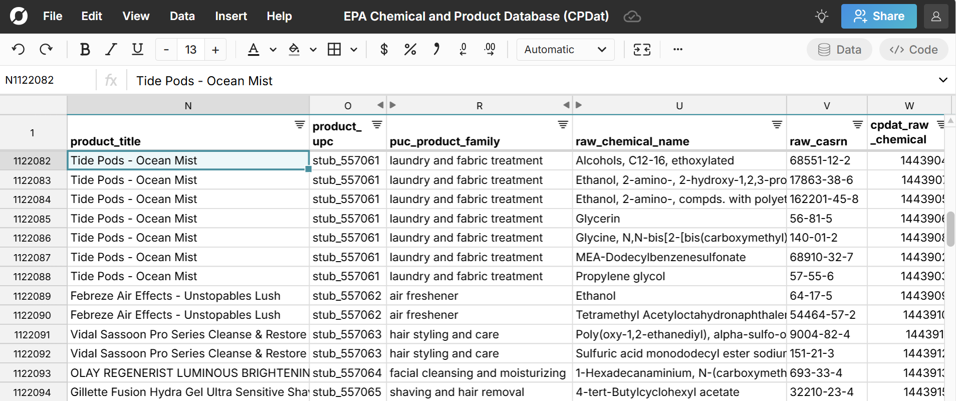 epa cpdat database in a spreadsheet