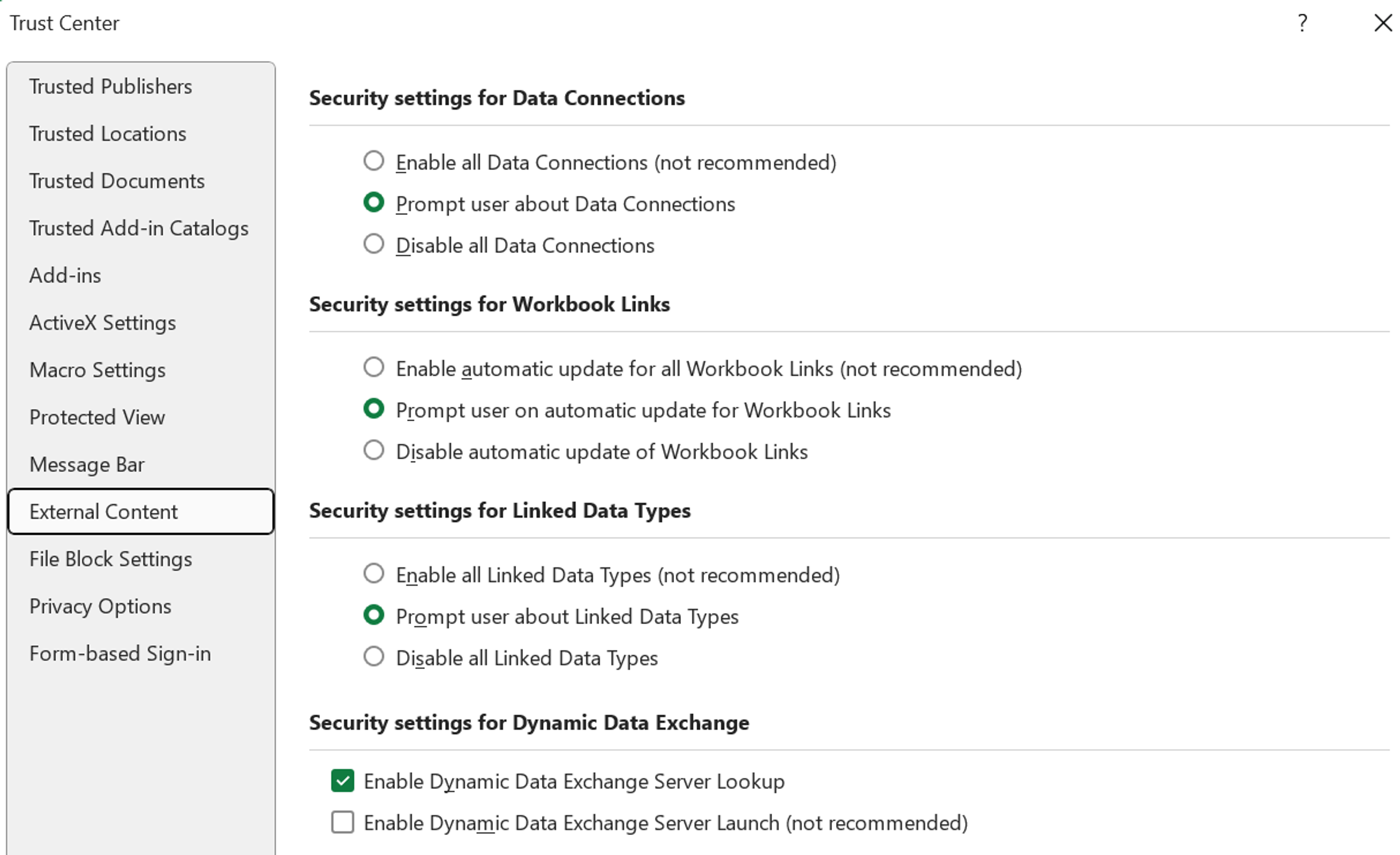 excel external content settings