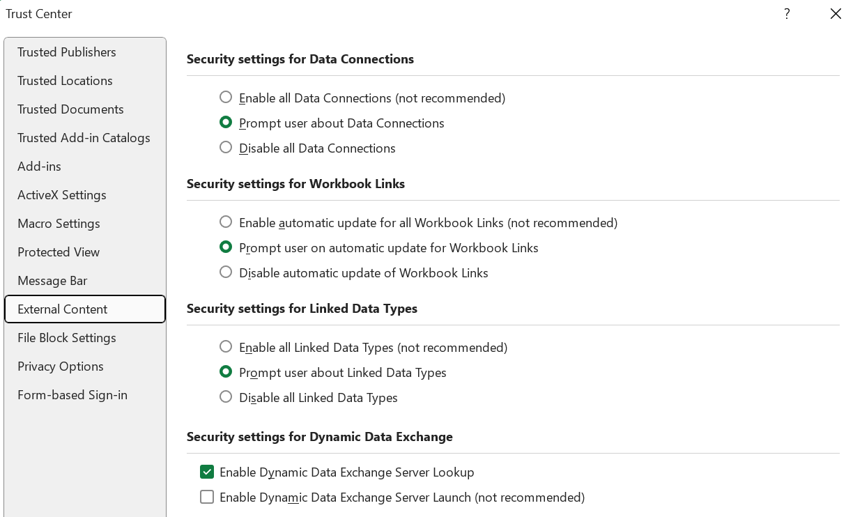 excel external content settings
