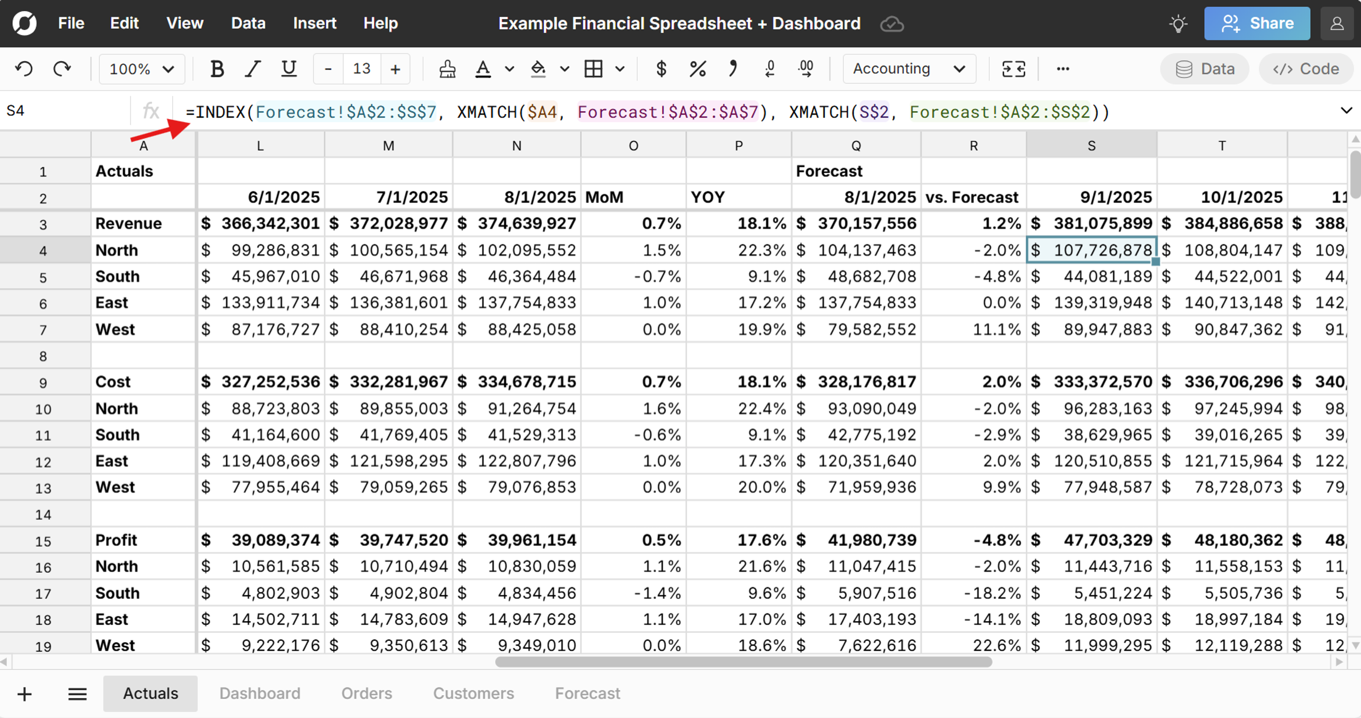 Example index match formula in spreadsheet