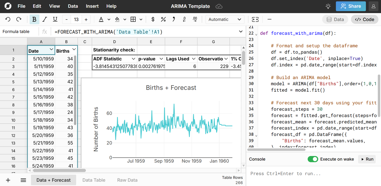 Run ARIMA in a Spreadsheet