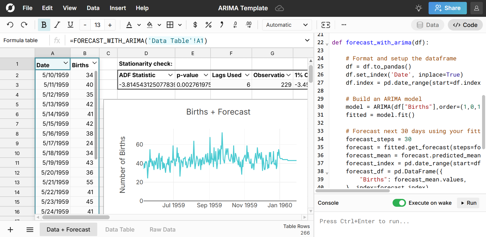 Run ARIMA in a Spreadsheet