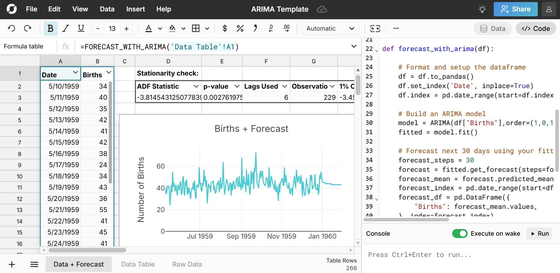 Run ARIMA in a Spreadsheet