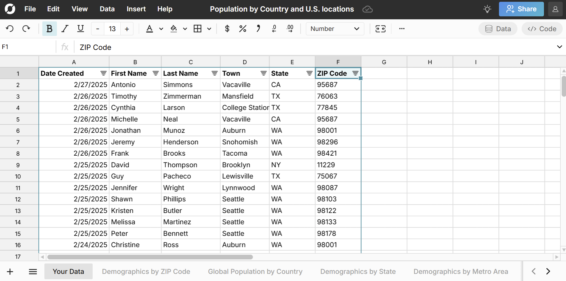sample customer list in spreadsheet