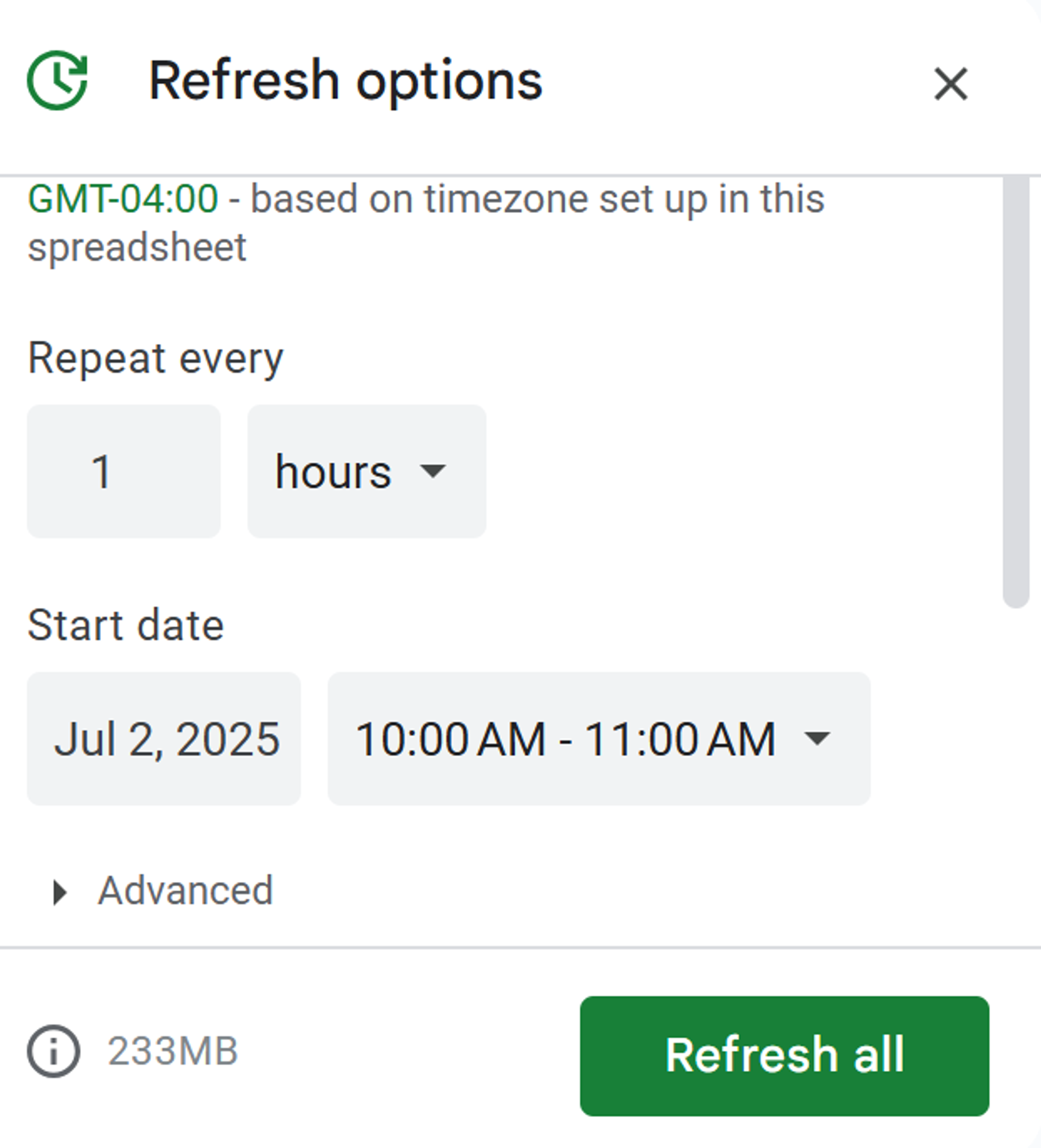 bigquery connected sheets schedule refresh options
