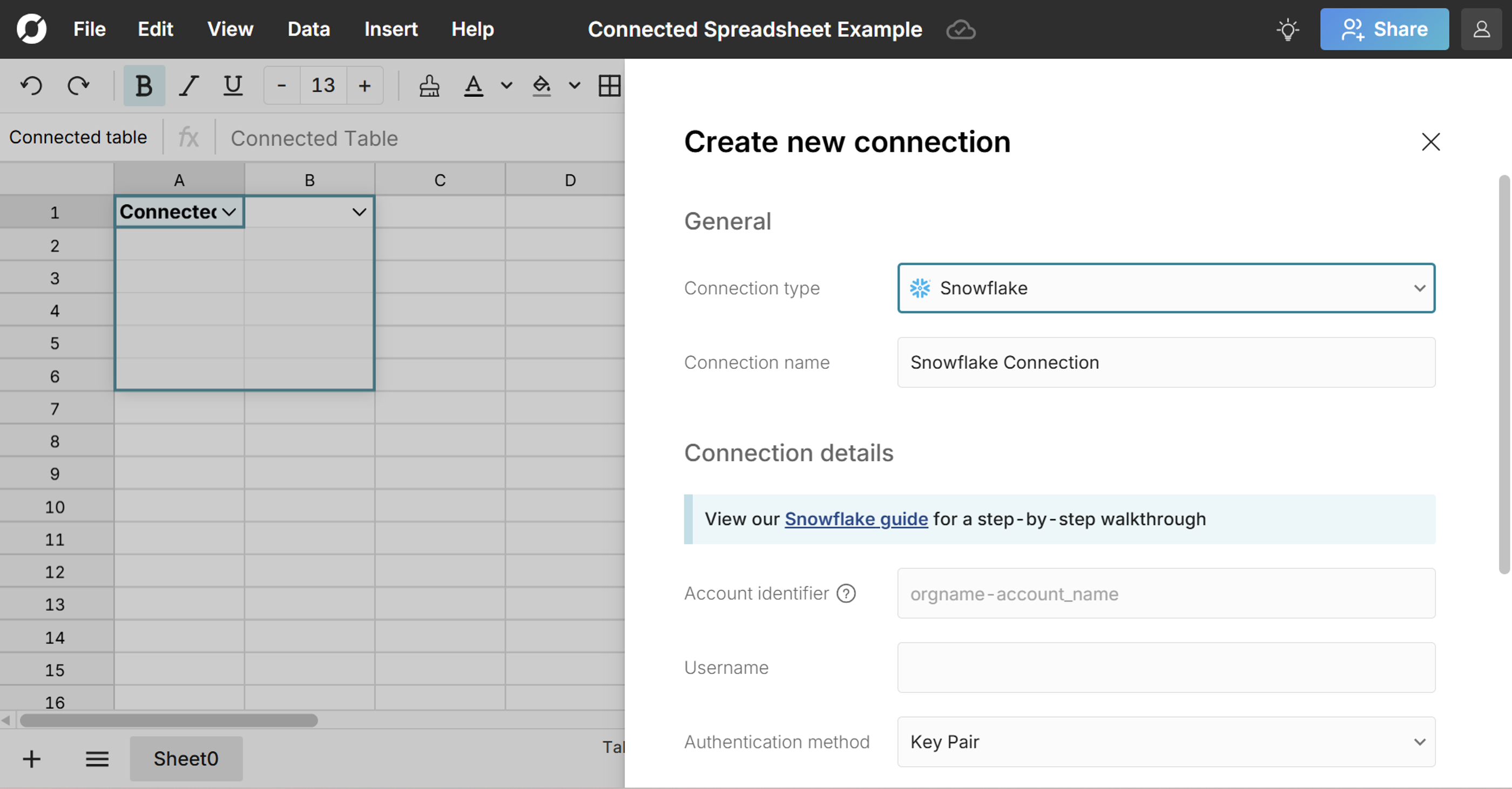connect spreadsheet to snowflake