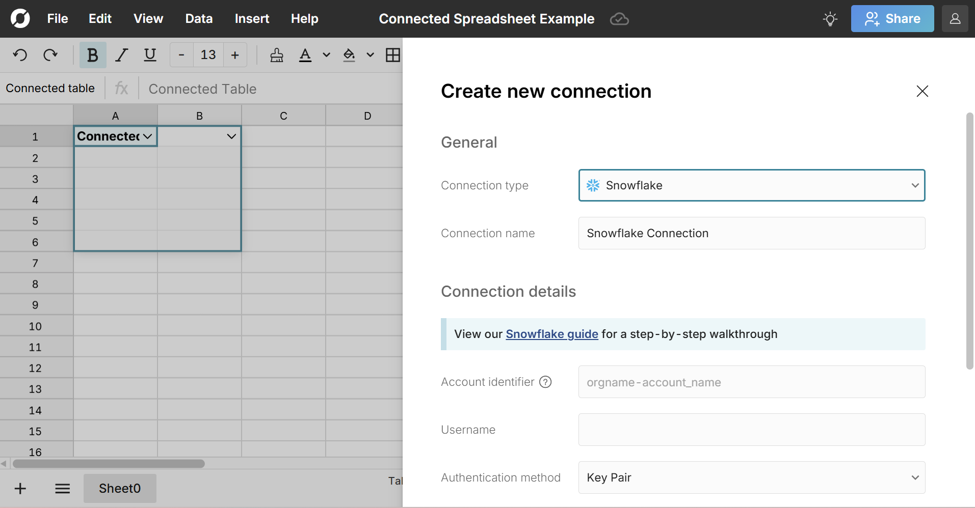 connect spreadsheet to snowflake