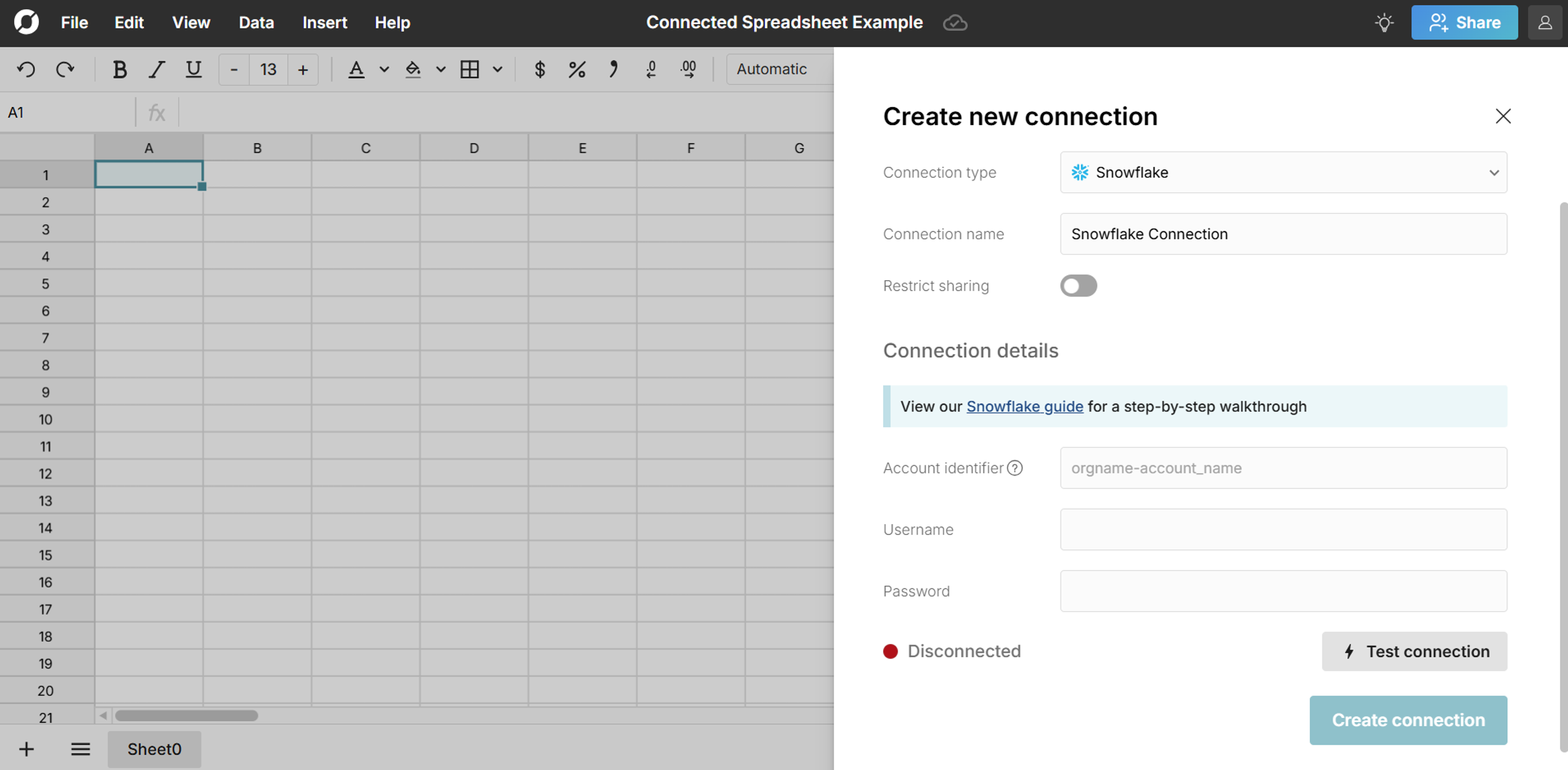 connect spreadsheet to snowflake